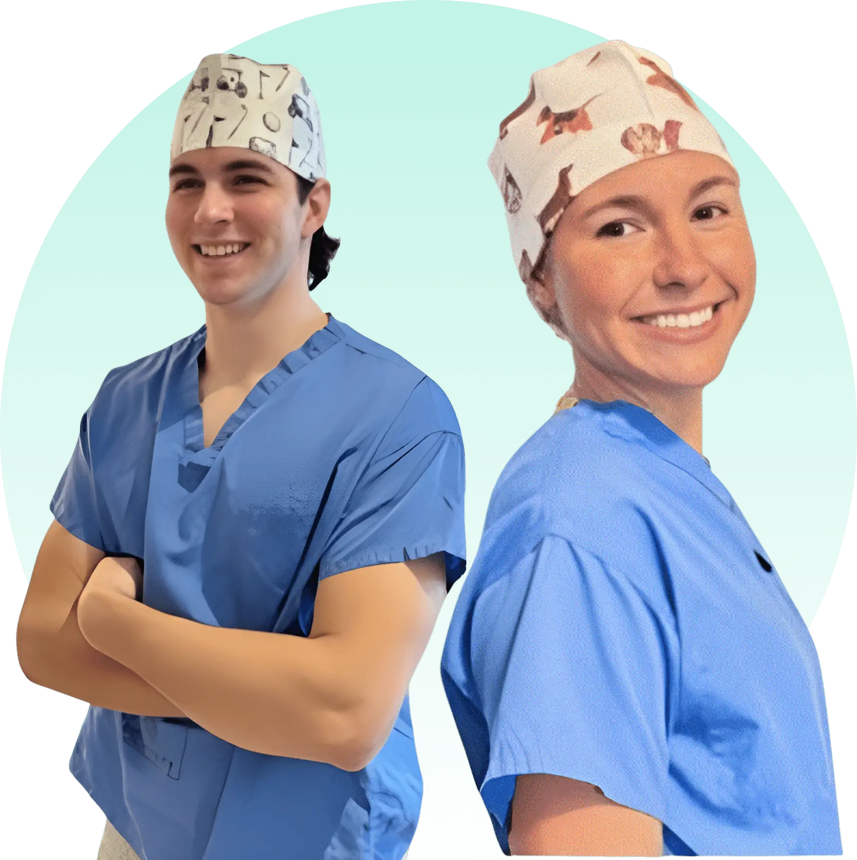 Two medical professionals in blue fun disposable scrub caps smiling confidently.