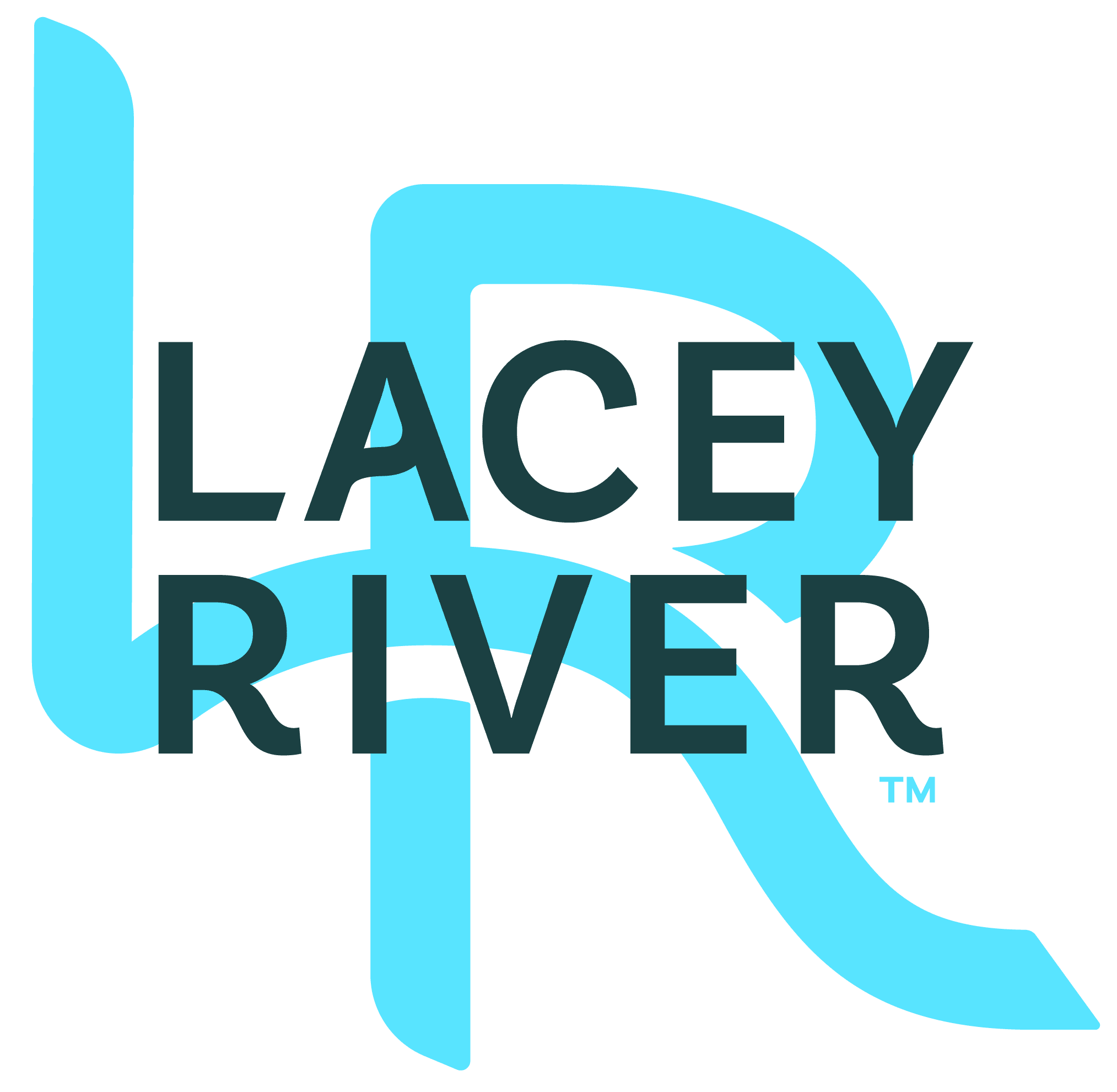 Logo with stylized letters L and R in blue and black text 'Lacey River'.
