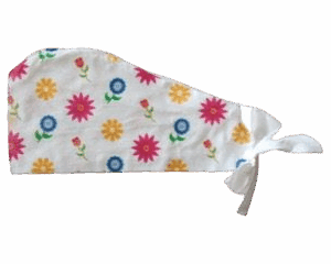 Colorful fun disposable scrub cap floral print fabric with a tied corner.