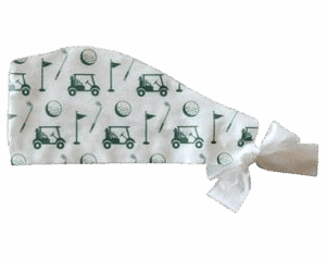 White disposable scrub cap with green golf cart patterns and a tied knot.