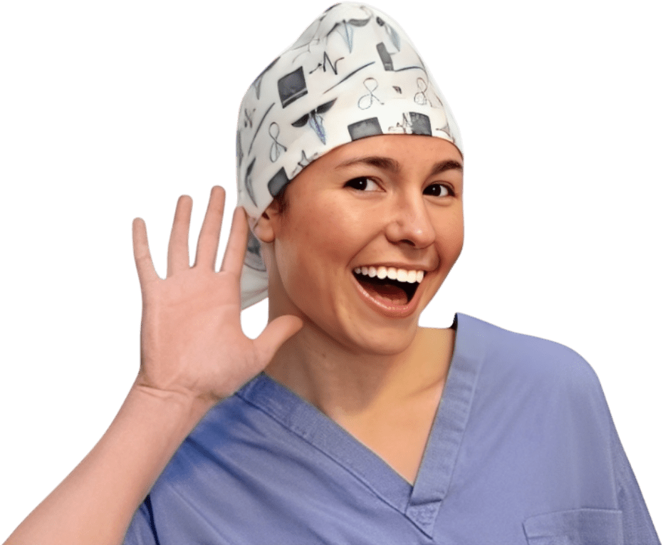 Smiling nurse in disposable scrub cap waving cheerfully.