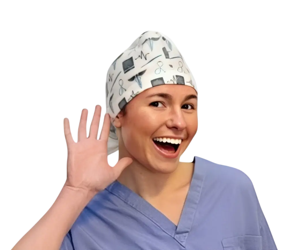 Smiling medical professional waving hello in printed disposable surgical cap
