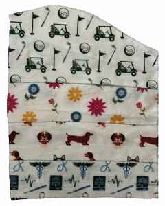 fun disposable scrub cap with retro patterns of golf carts, gears, dachshunds, and bicycles.